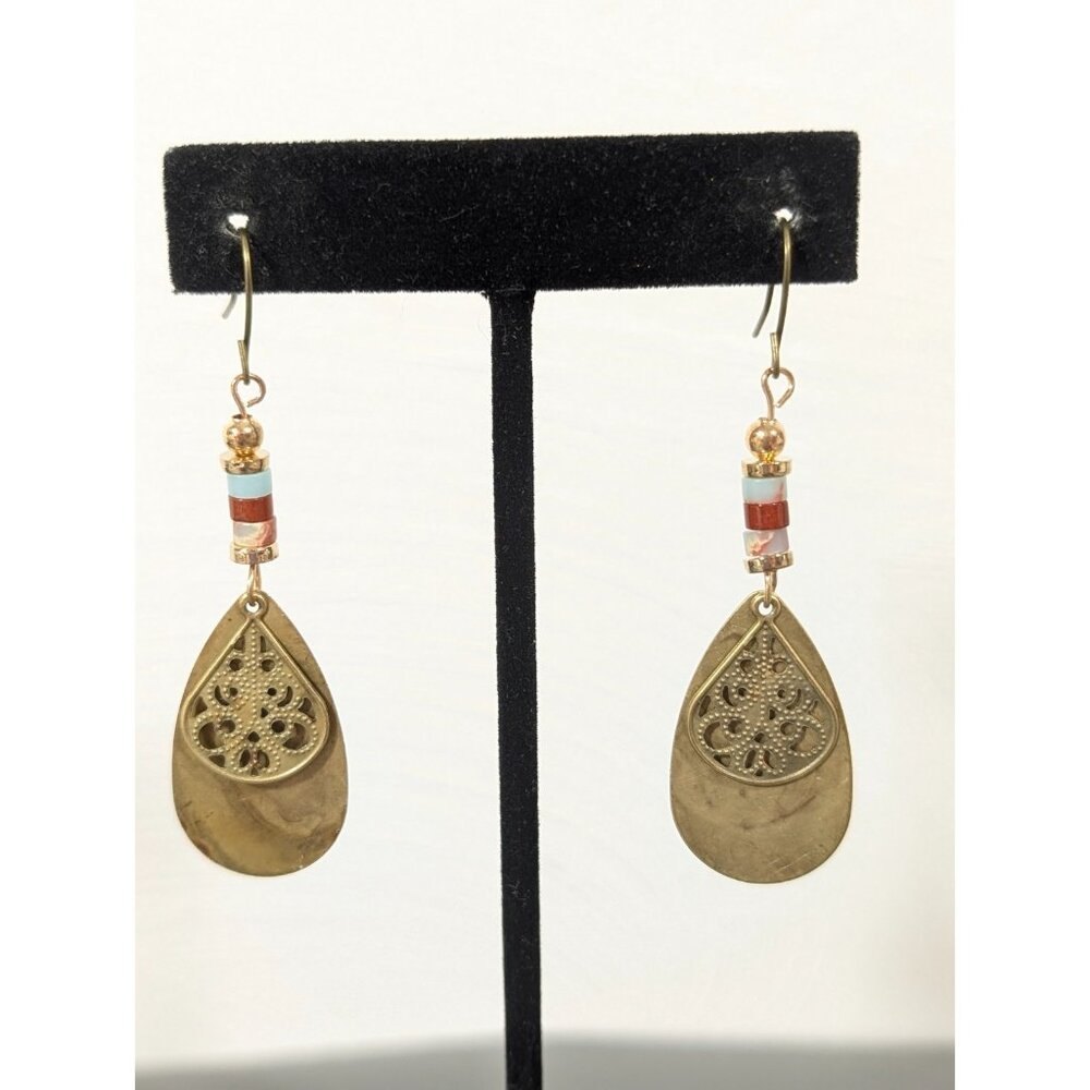 Distressed Brassโ Filigree Stacked Heishi Bead Dangle Earrings Boho Tribal